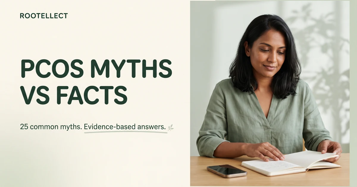 Rootellect PCOS myths vs facts cover with an Indian woman reviewing a notebook